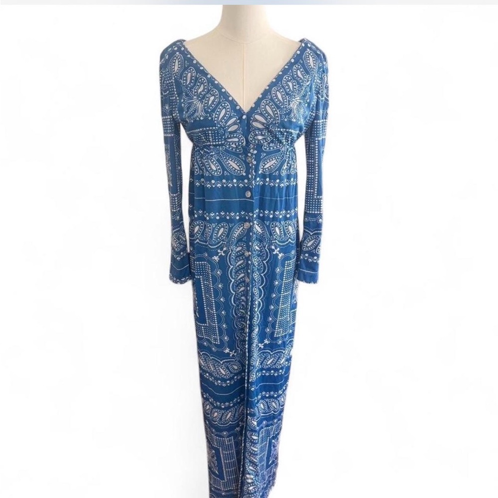 Blue Paisley Long Sleeve V-Neck Maxi Dress